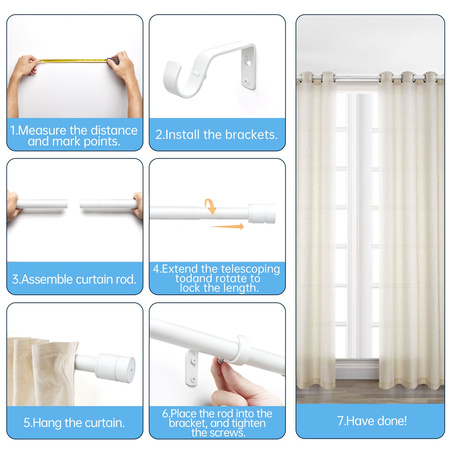 Sindcom Matte White Curtain Rods for Windows 66 to 120 Inches, 1 Inch Diameter Adjustable Heavy Duty Drapery Rod with Brackets for Living Room, 28"-132"