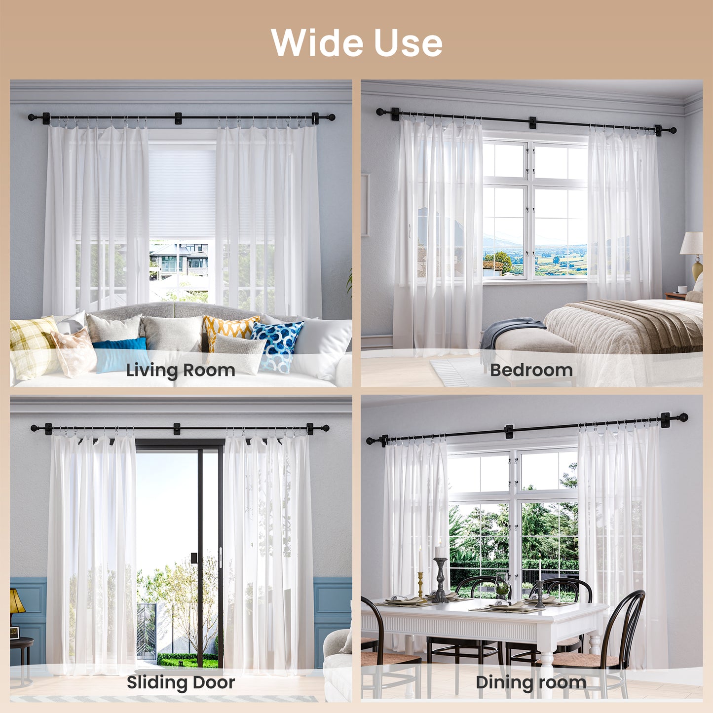 Sindcom No Drill Curtain Rods for Window 48 to 84 Inches, 5/8 Inch Diameter Renter Friendly Drapery Rod with Adhesive Brackets without Drilling, Adjustable from 27 to 90 Inches, Black