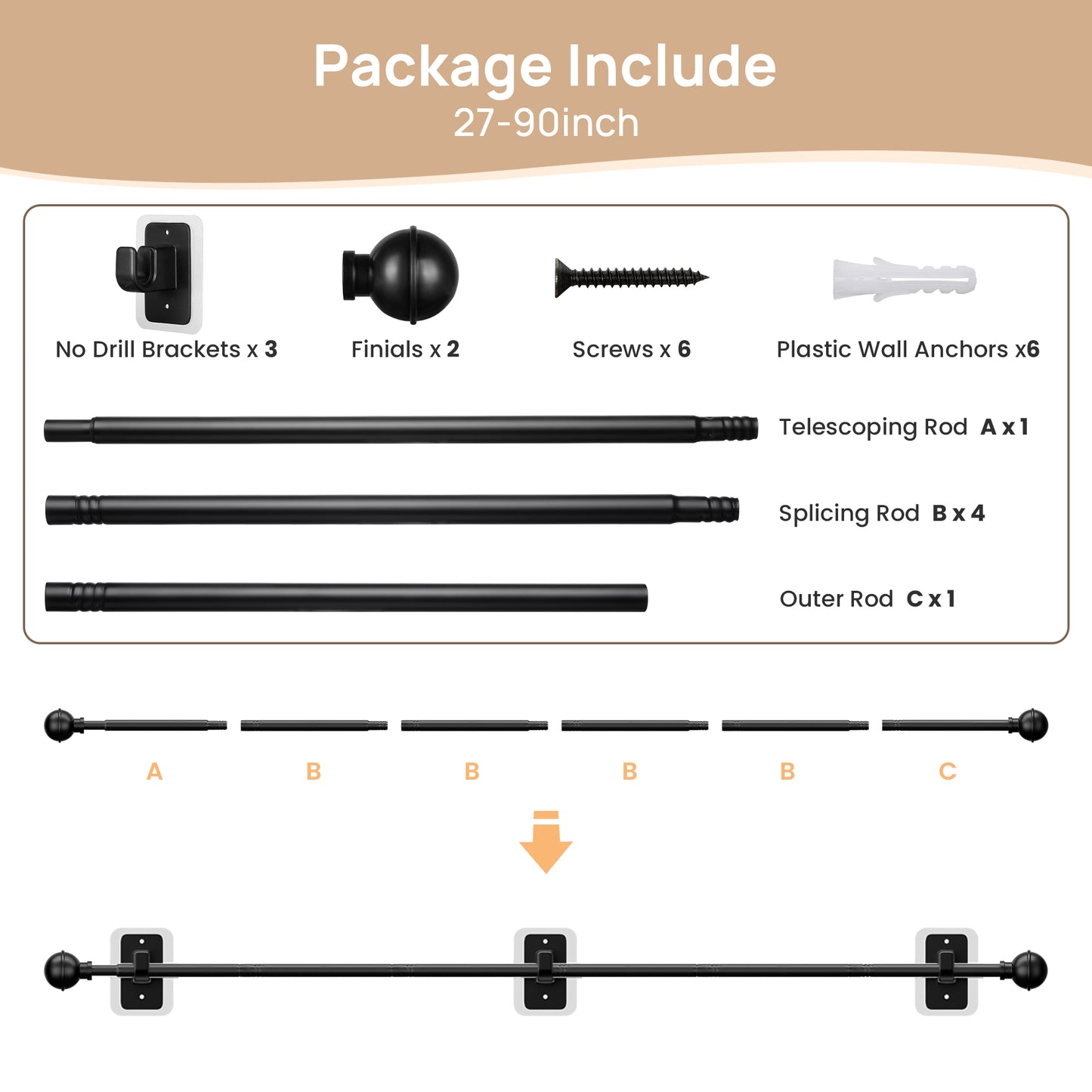Sindcom No Drill Curtain Rods for Window 48 to 84 Inches, 5/8 Inch Diameter Renter Friendly Drapery Rod with Adhesive Brackets without Drilling, Adjustable from 27 to 90 Inches, Black