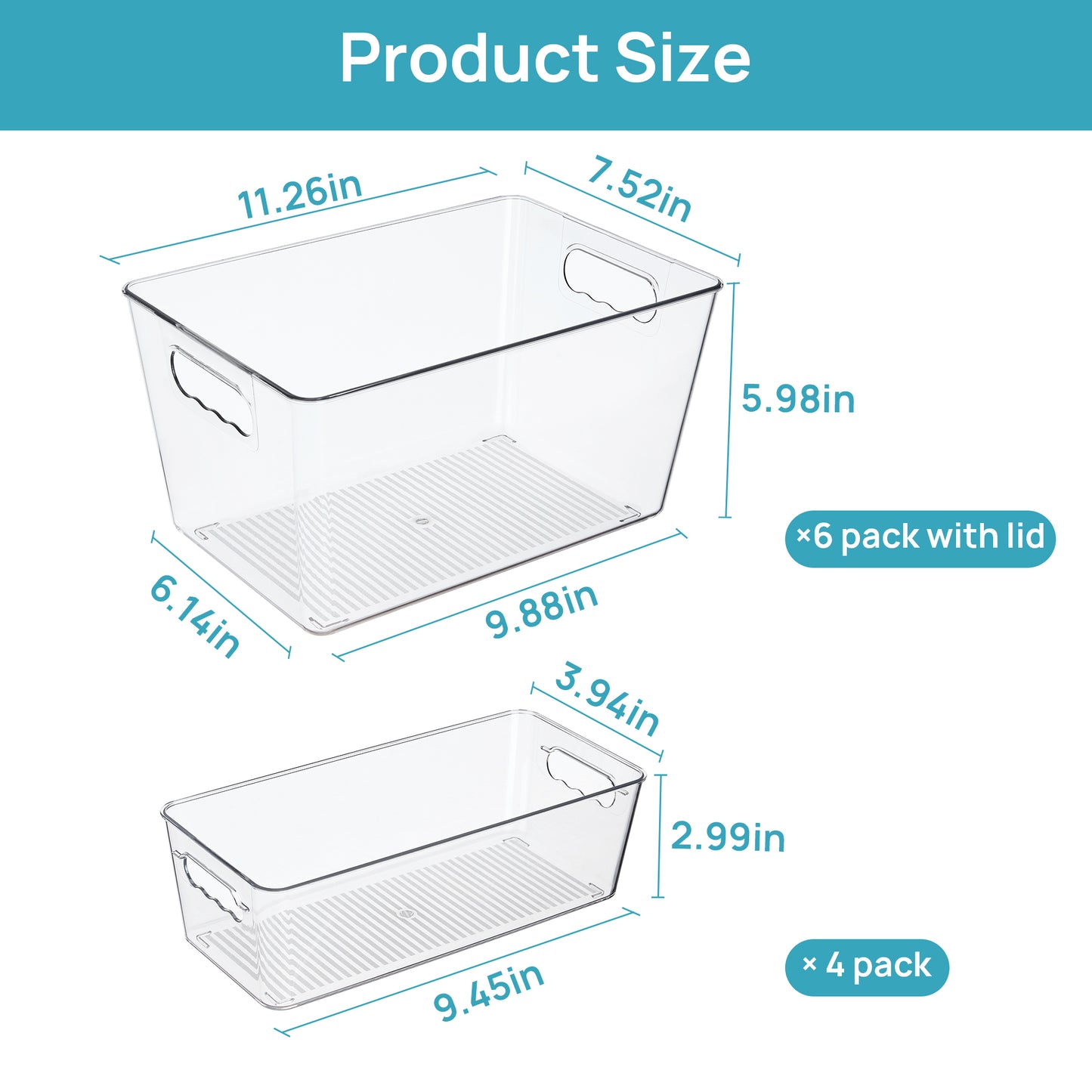 Sindcom 10 Pack Clear Plastic Storage Bins with Handles, Pantry Organizer Bins, for Refrigerator, Freezer, Cabinet, Kitchen, Countertops, 6 Pack Large with Lid and 4 Pack Small
